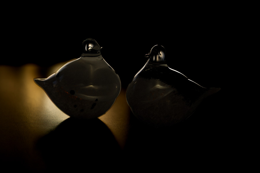 I brist på annat fotar jag macro av två glasfåglar på köksbordet